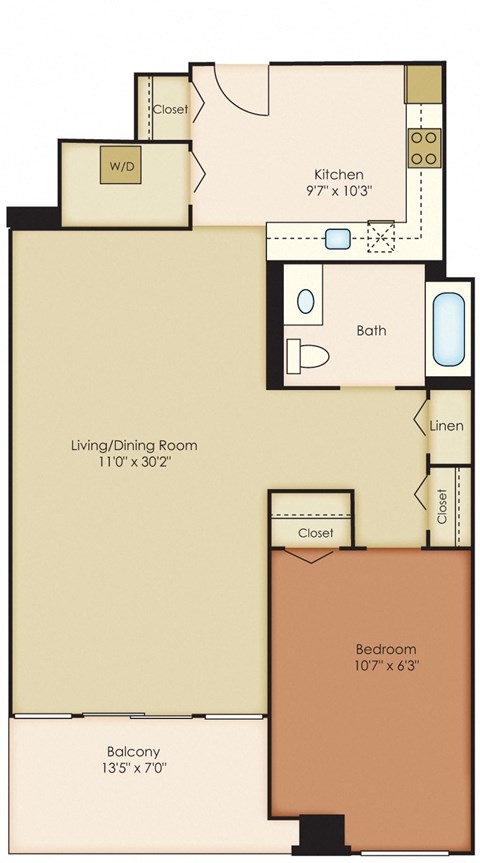 Floor plan for 1 bed, 1 bath, 874 sqft